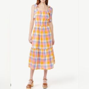 Pre-owned Colorful Plaid Midi Dress